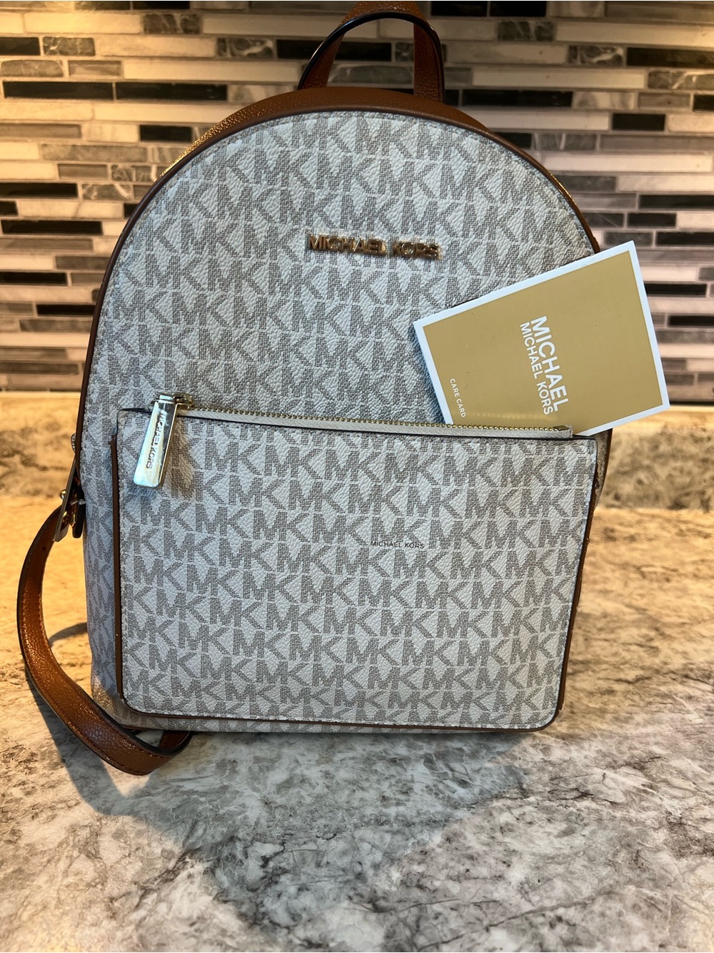 Michael Kors Cream and Brown MK Logo Convertible Backpack